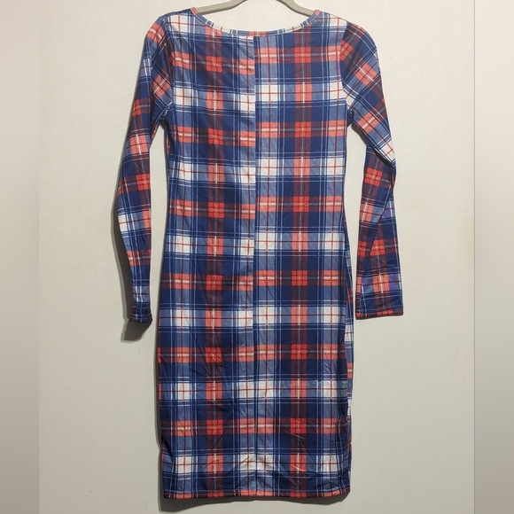 Blue Red White Plaid Long Sleeve Sheath Midi Dress - size Small - Picture 5 of 6
